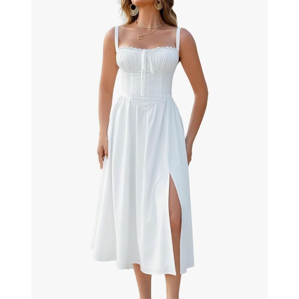 NEW White Smocked Sleeveless Flowy Slit A Line Beach Sundress XS